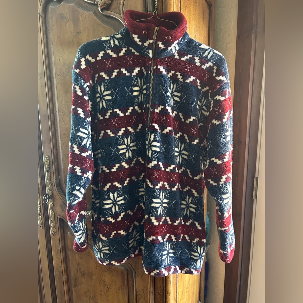 L.L. Bean Men's Navy, Red & White Zip-Up Fair Isle Sweater